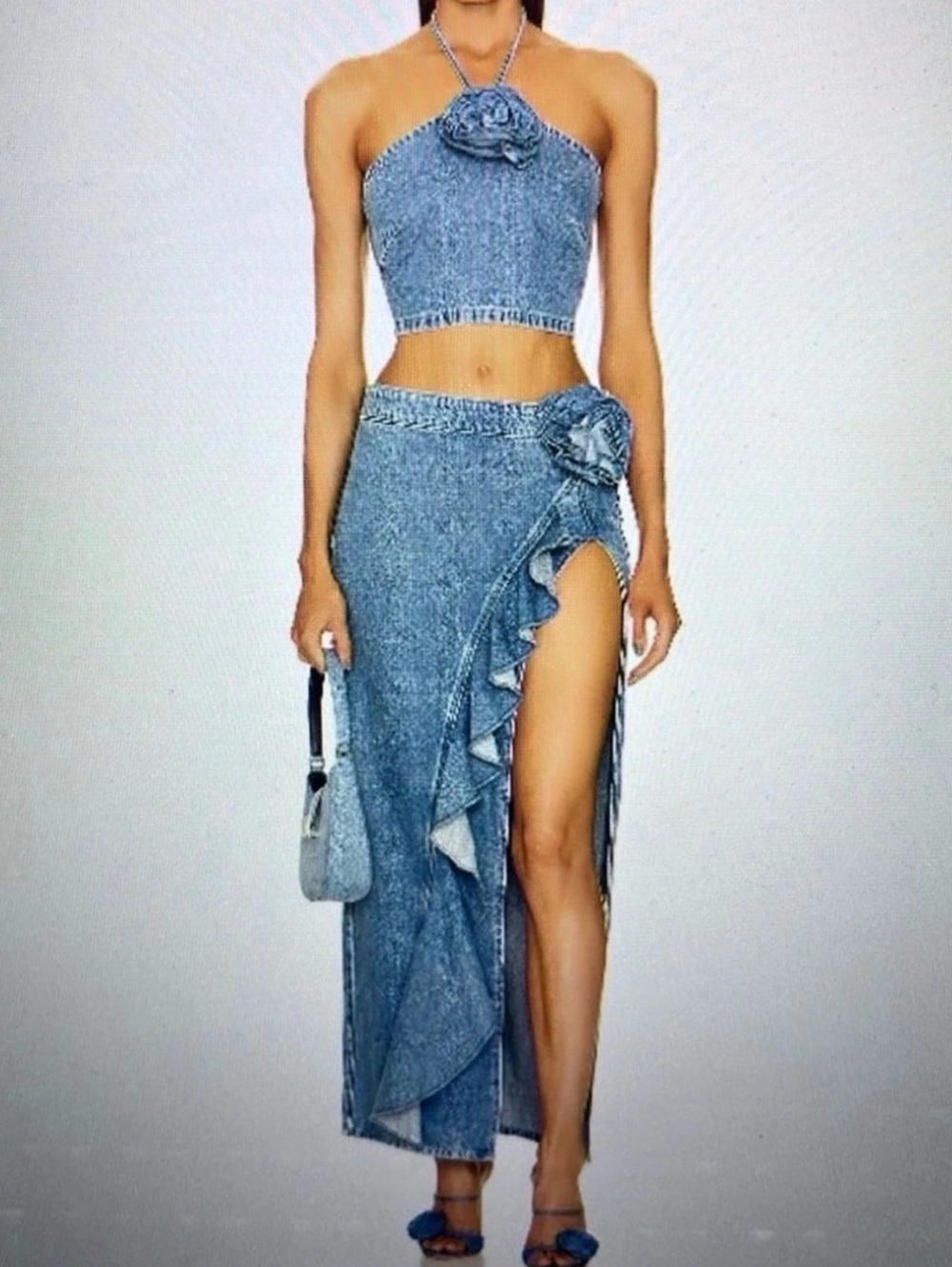 Lovers and Friends Denim Ruffle Maxi Skirt in Blue Size Medium